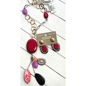 NEW NWT Chico’s Reversible Red Purple Stone Charm Necklace Earring Set $74.95